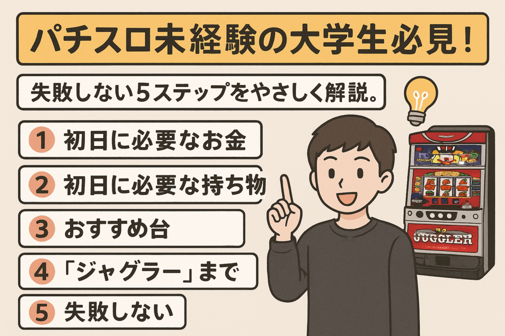 パチスロ未経験の大学生必見！初日に必要なお金・持ち物・おすすめ台「ジャグラー」まで、失敗しない5ステップをやさしく解説。